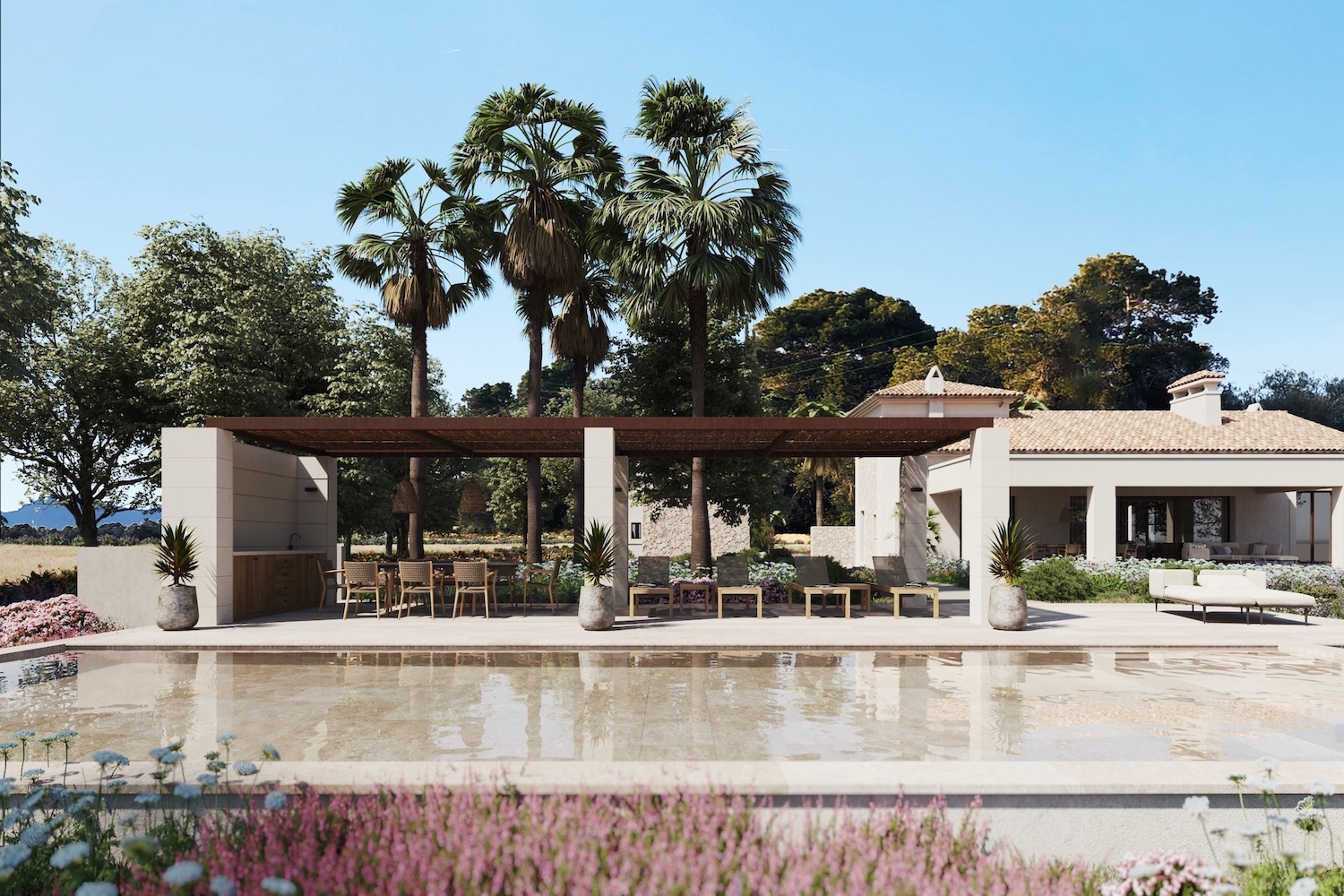 Gran piscina con solarium