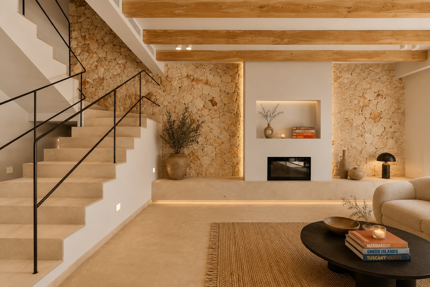 Salón representativo con chimenea integrada, muro de piedra natural y vigas vistas de madera