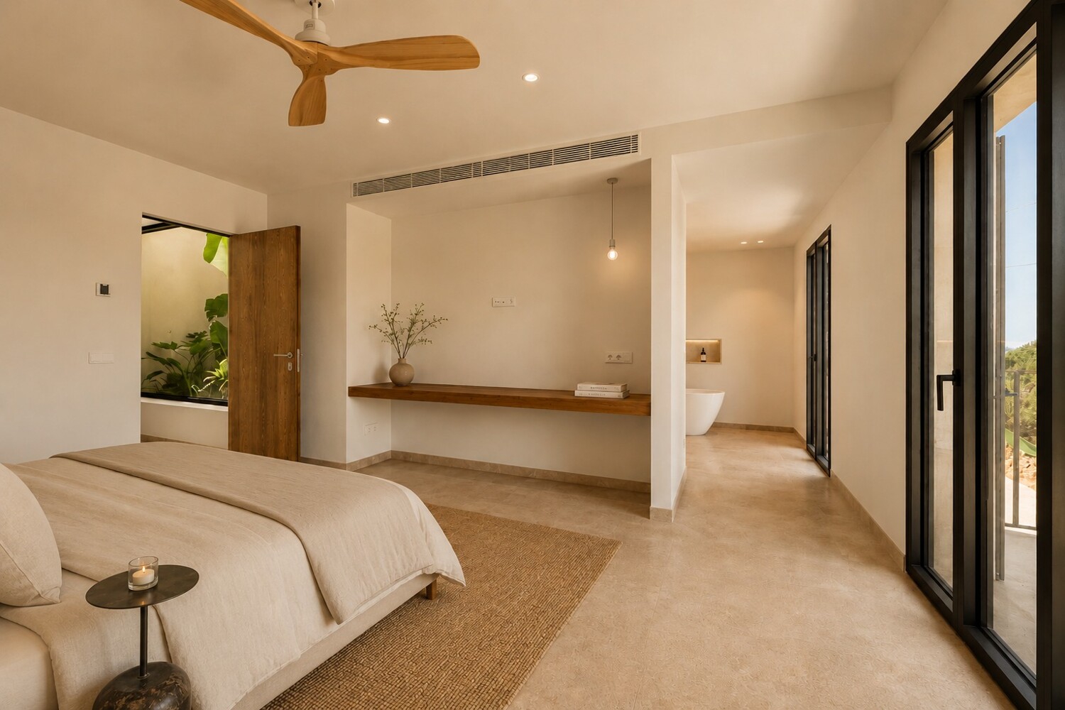 Suite principal con zona de descanso, acceso al baño y salida al balcón mediante carpintería corredera