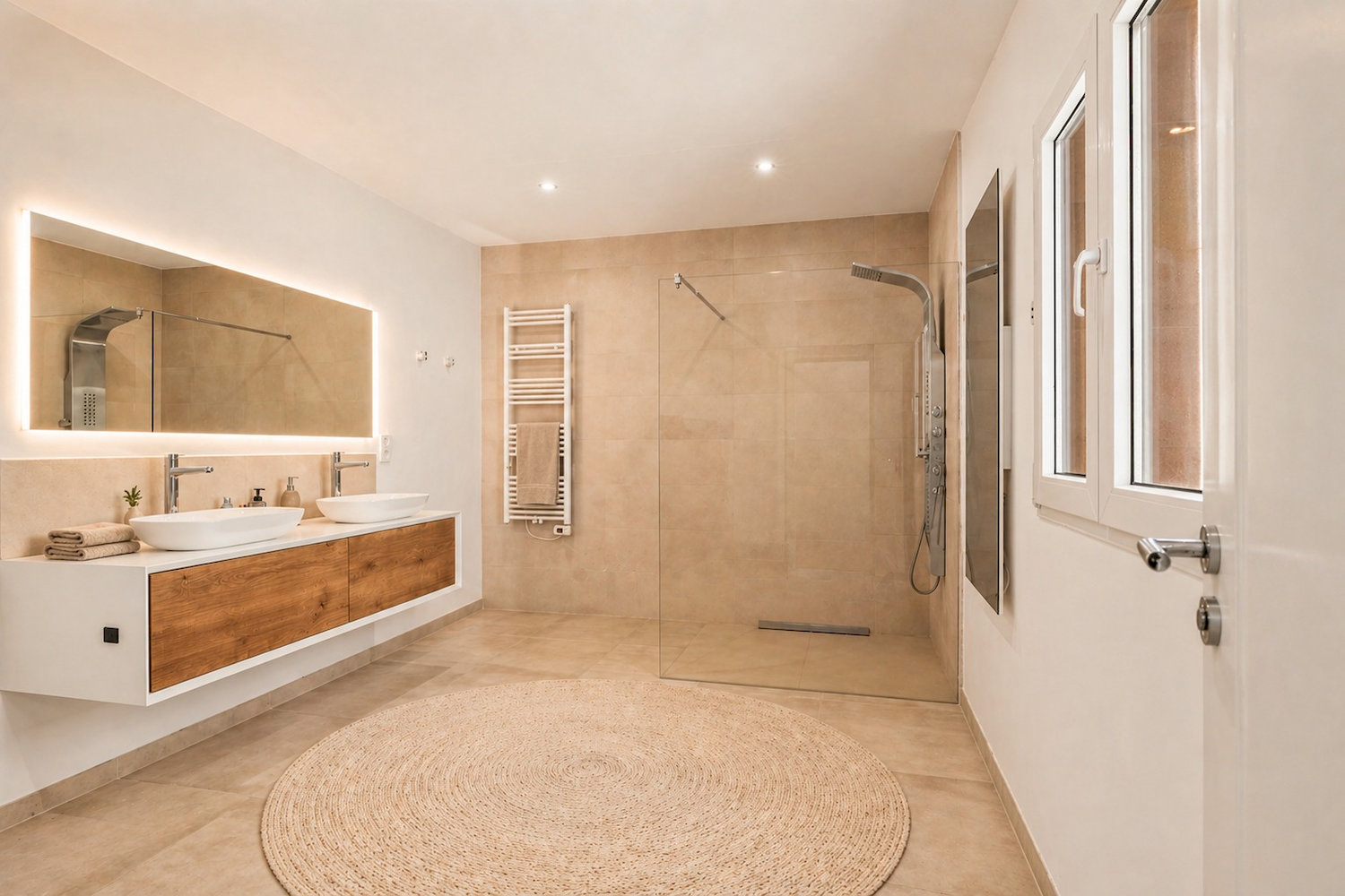 Baño de lujo con ducha a ras de suelo y acabados elegantes