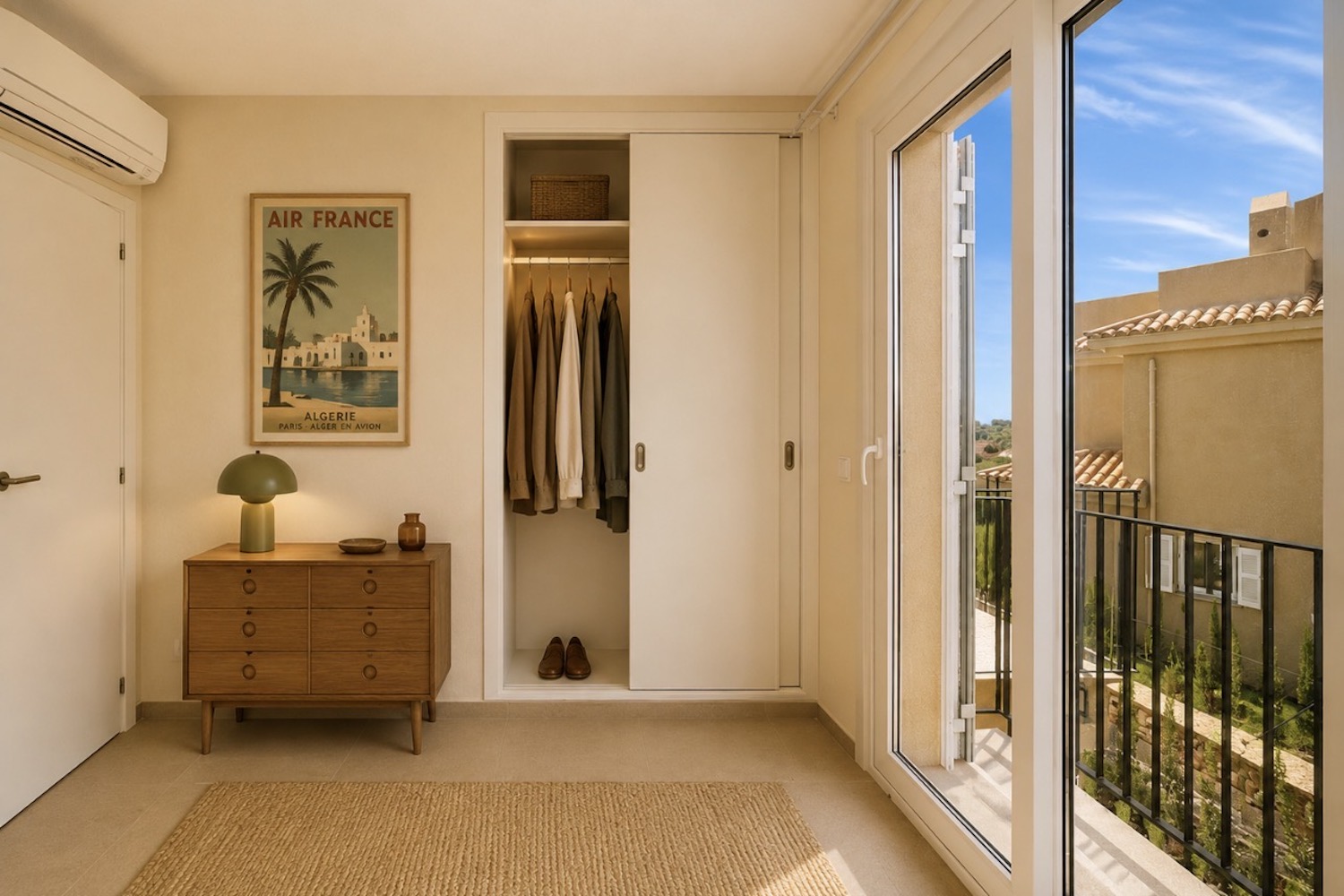 Dormitorio con balcón y vistas al entorno residencial