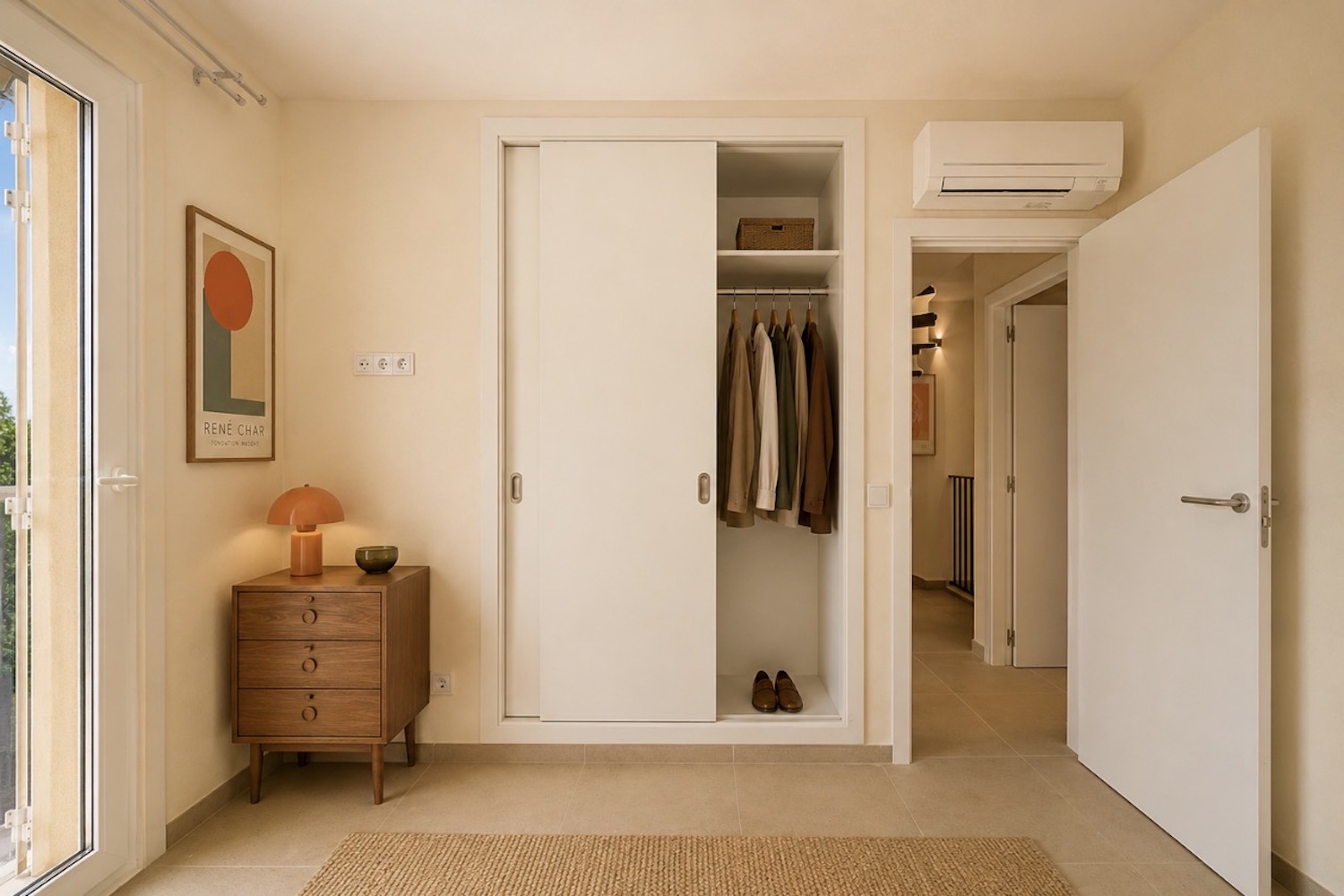Dormitorio con armario empotrado y aire acondicionado