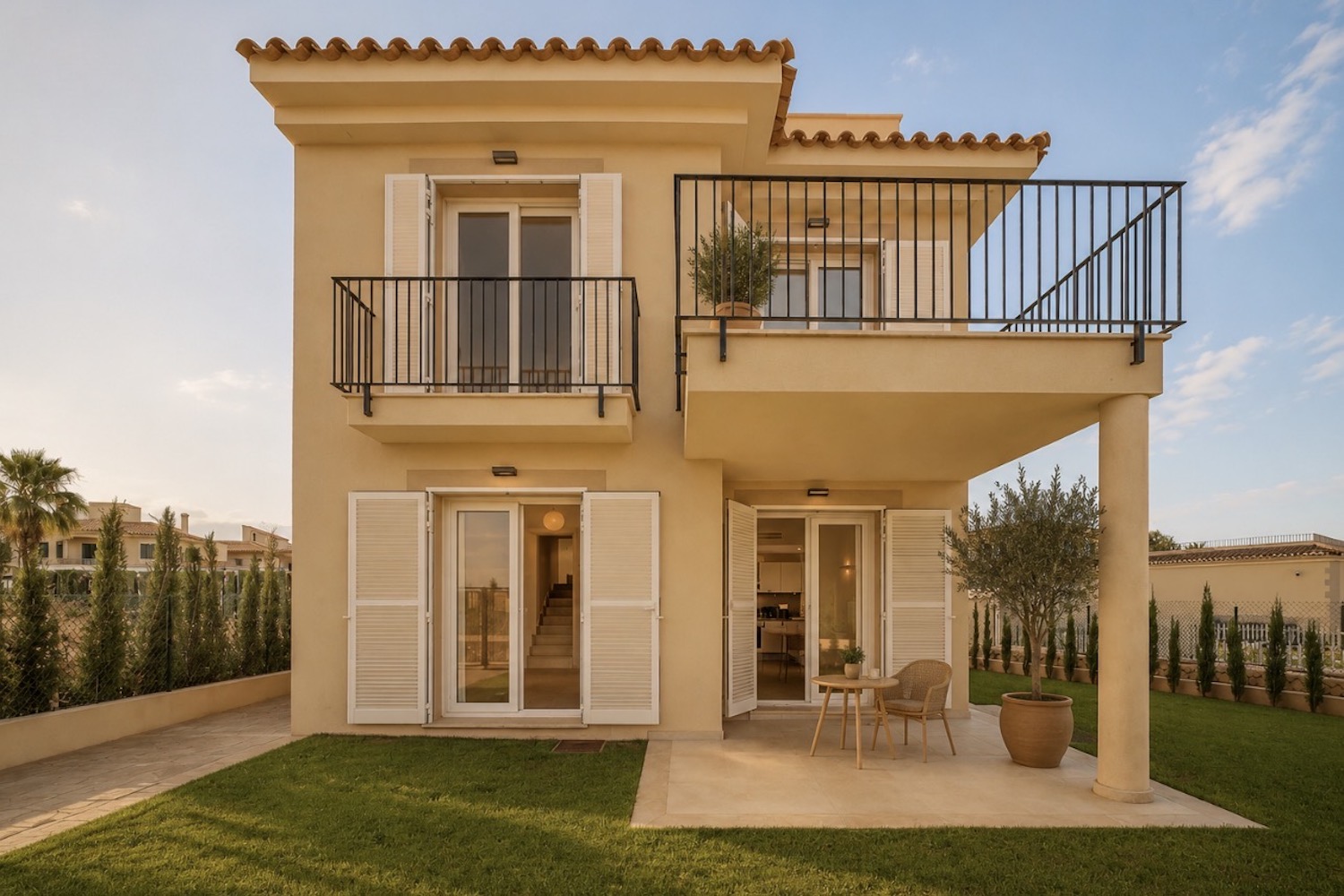 Vista exterior de la vivienda con jardín y balcones