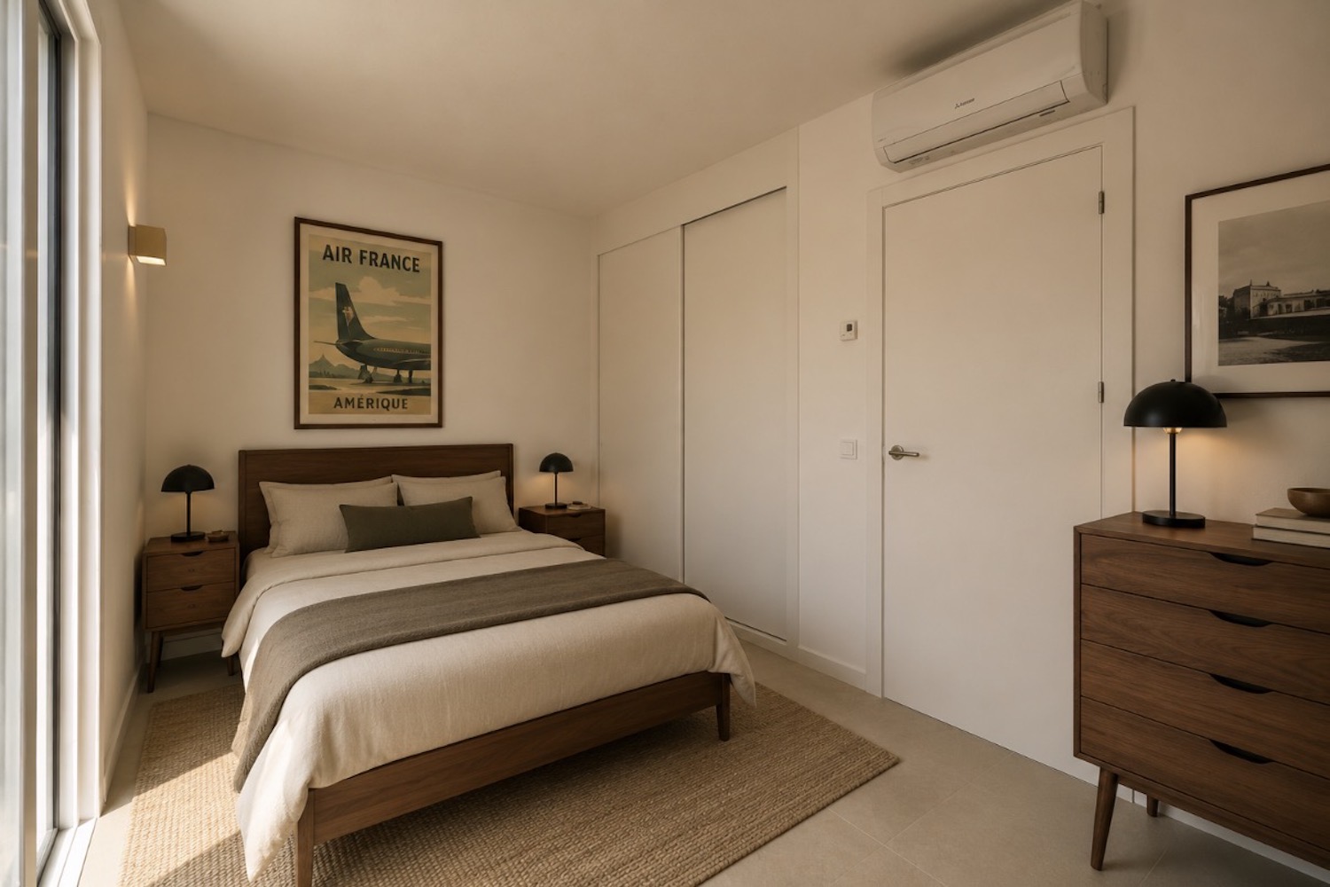 Dormitorio luminoso con armario empotrado, climatización y ventanal de suelo a techo