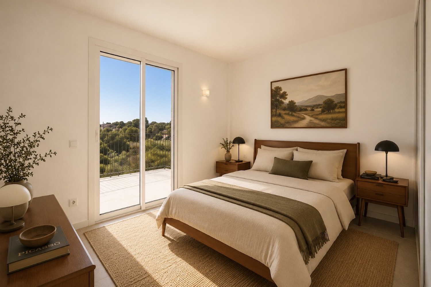 Dormitorio con acceso directo a la terraza y agradables vistas a la zona verde