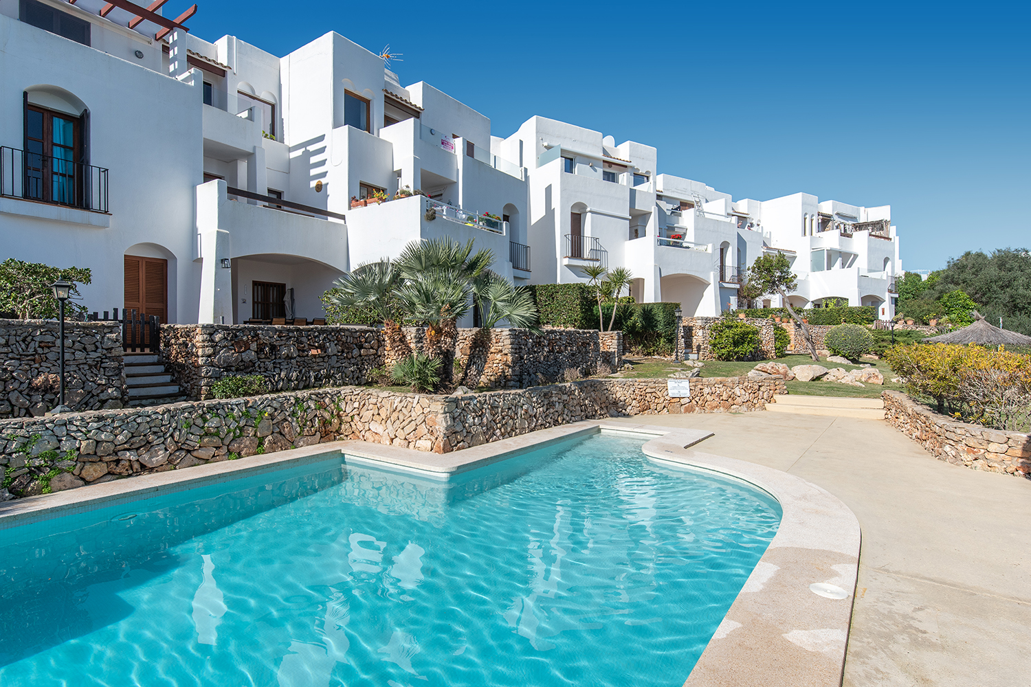 Piscina curva con terraza solárium y palmeras